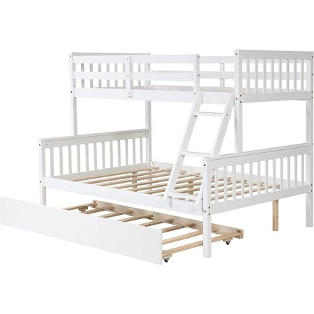 Twin Over Full Bunk Bed with Trundle, Ladder and Guard Rails White