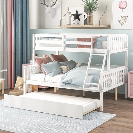 Twin Over Full Bunk Bed with Trundle, Pine Wood Bed Frame and Ladder with Guard Rails for Toddlers, Kids, Teens, Boys and Girls, White