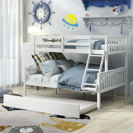 Twin Over Full Bunk Bed with Trundle, Solid Pine Wood Bunk Bed Frame with Slats and Ladders, No Box-Spring Needed, White