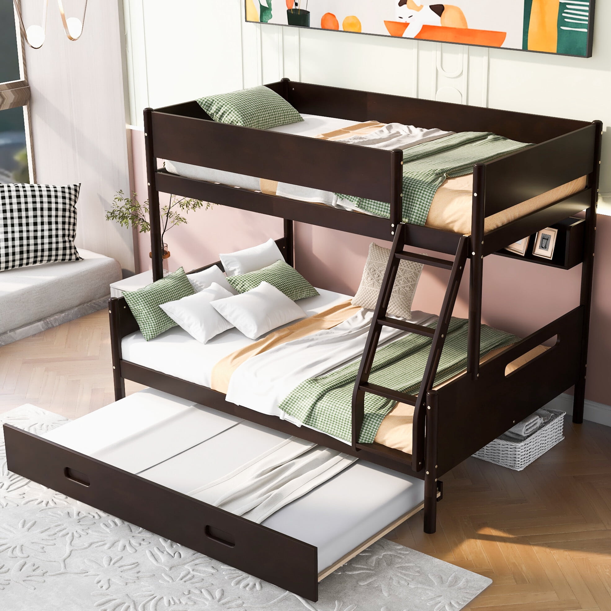 Twin Over Full Bunk Bed with Trundle and Shelves Storage, Wooden