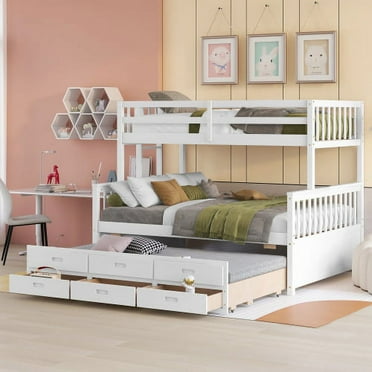 Twin Over Full Bunk Bed with Twin Size Trundle, Separable Bunk Bed with Drawers, Wood Bunk Bed Frame for Bedroom, White