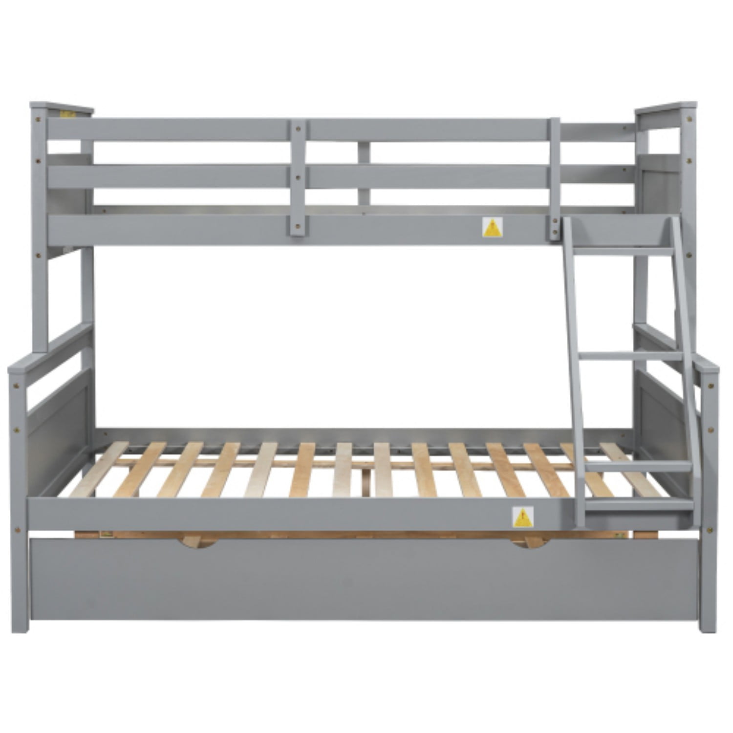 Twin Over Full Bunk Bed with Twin Trundle, Convertible Wood Bunk Bed with Ladder and Safety Guardrails, Twin Full Bed Frame for Kids Bedroom, Gray