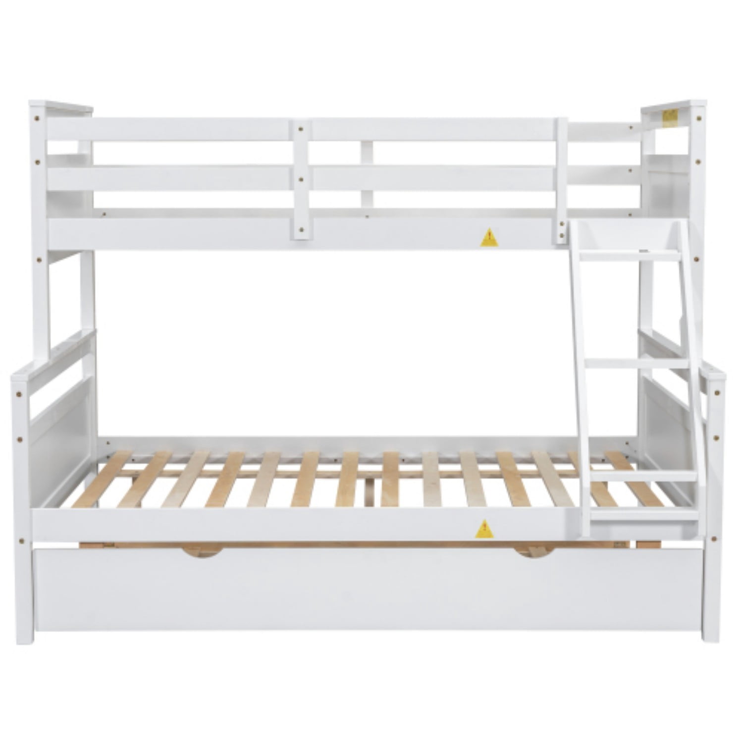 Twin Over Full Bunk Bed with Twin Trundle, Convertible Wood Bunk Bed with Ladder and Safety Guardrails, Twin Full Bed Frame for Kids Bedroom, White