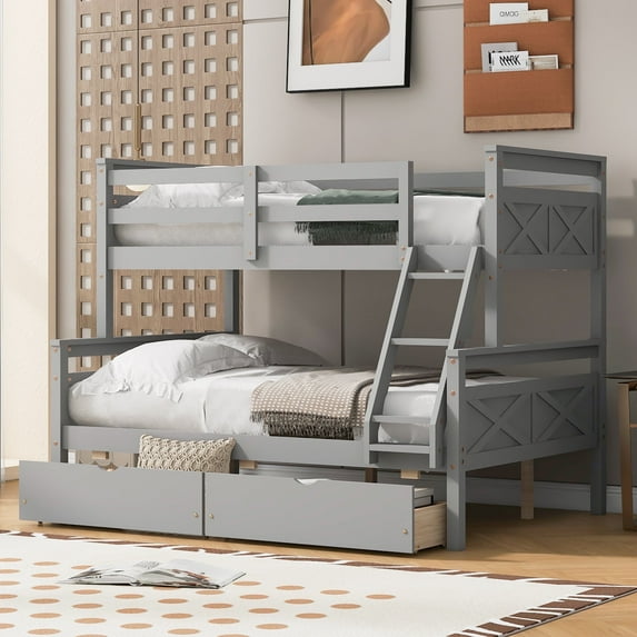 Twin Over Full Bunk Bed with Two Storage Drawers, Pine Wood Bed Frame and Guardrails and Ladder for Kids and Teens Trundle, Grey