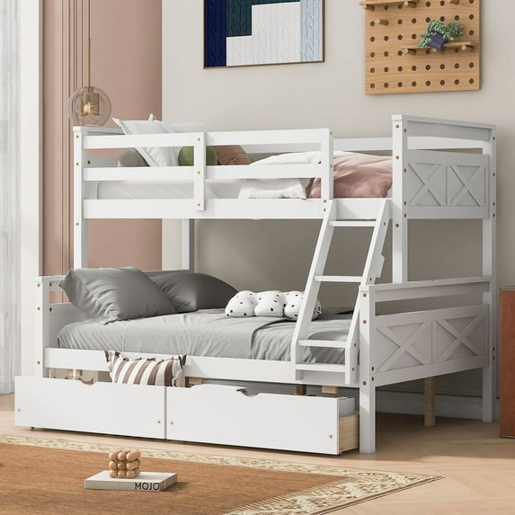 Twin Over Full Bunk Bed with Two Storage Drawers, Pine Wood Bed Frame and Guardrails and Ladder for Kids and Teens Trundle, White