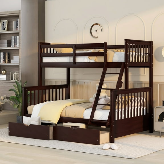 Twin Over Full Bunk Bed with Two Storage Drawers, Pine Wood Frame and Ladder with Guard Rails for Teens, Boys, Girls, Brown