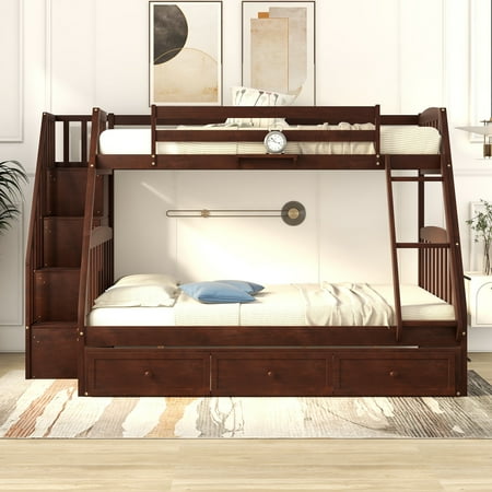 Twin Over Full Bunk Beds with 3 Storage Drawers and Stairway, Solid Wood Bunk Bed Twin Over Full Size with Storage Stairway and Guard Rail for Bedroom (Espresso,Twin Over Full)