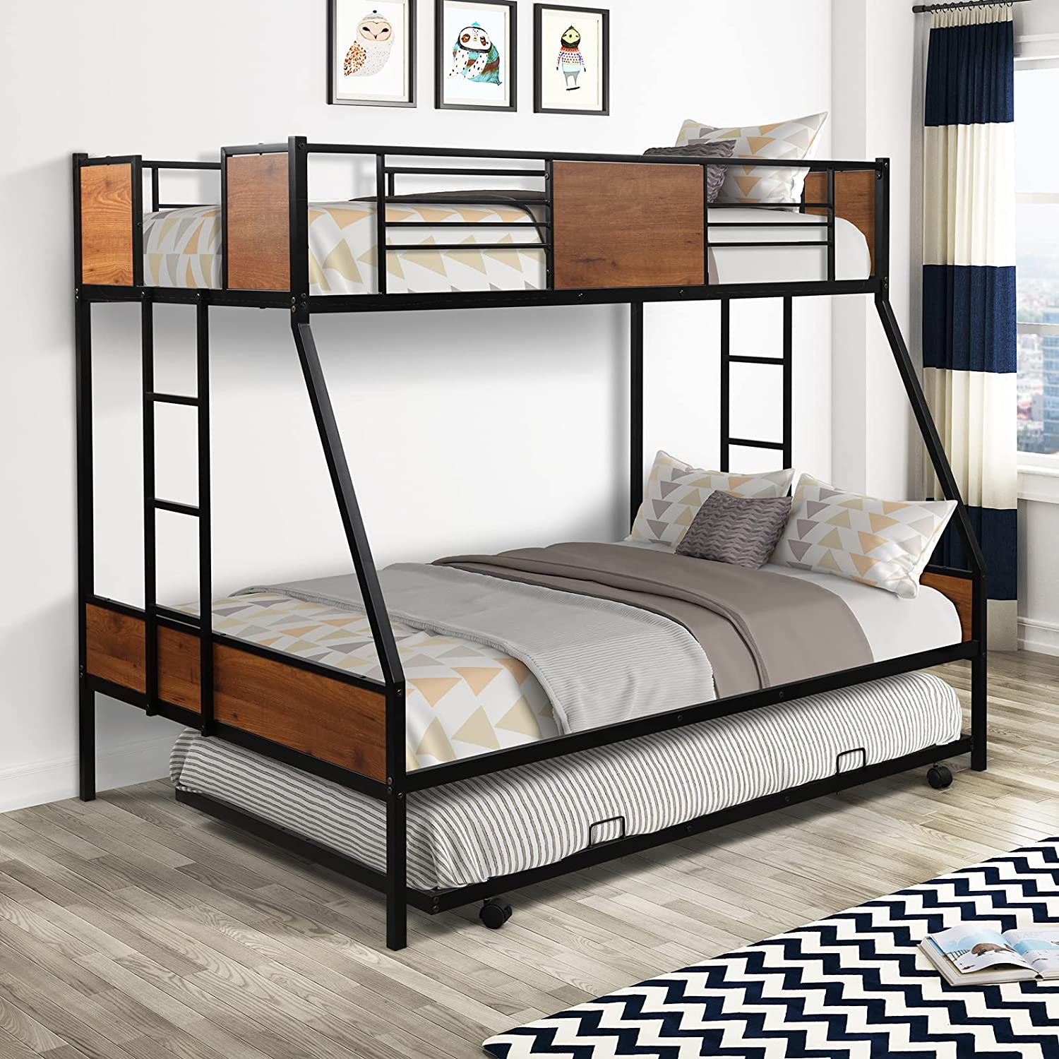 Twin Over Full Bunk Beds with Trundle,Heavy Duty Metal Bed Frame with