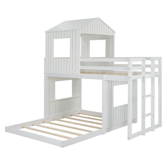 Twin Over Full Bunk Beds, Wooden Play Farm House Bunk Bed with Roof Window Guardrail Ladder
