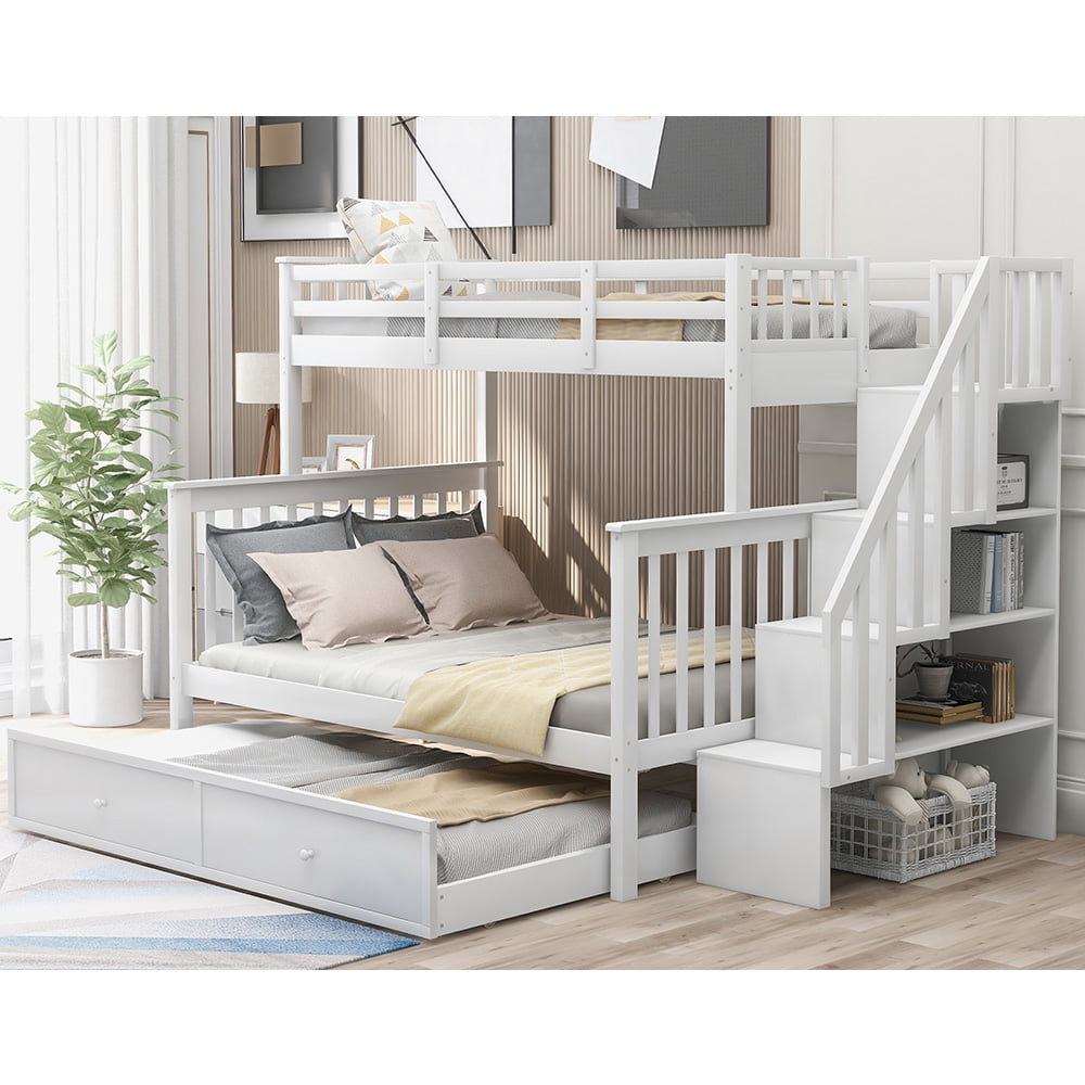 Twin-Over-Full Bunk Beds with Storage and Guard Rail, Bunk Bed for Bedroom, White