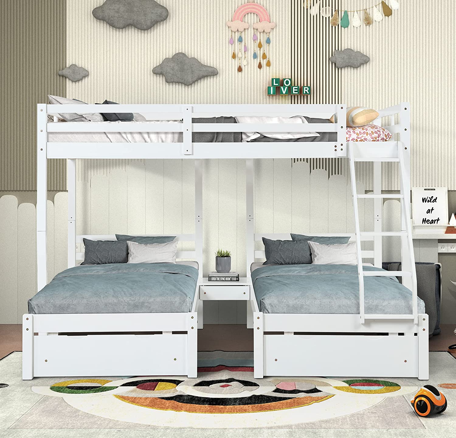 Twin Over Full Detachable Bunk Bed with Stair and 2 Drawers Wooden