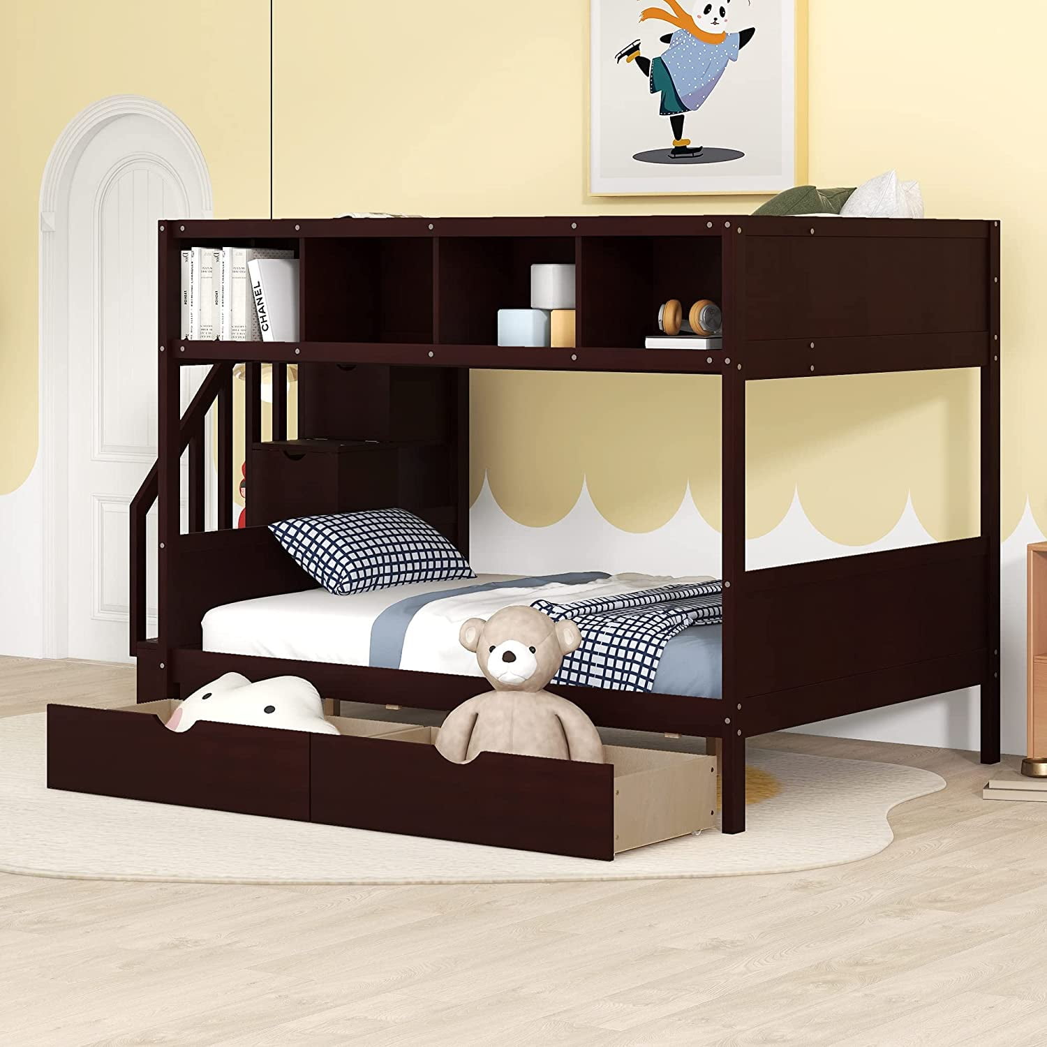 Twin Over Full Detachable Bunk Bed with Stair and 2 Drawers Wooden