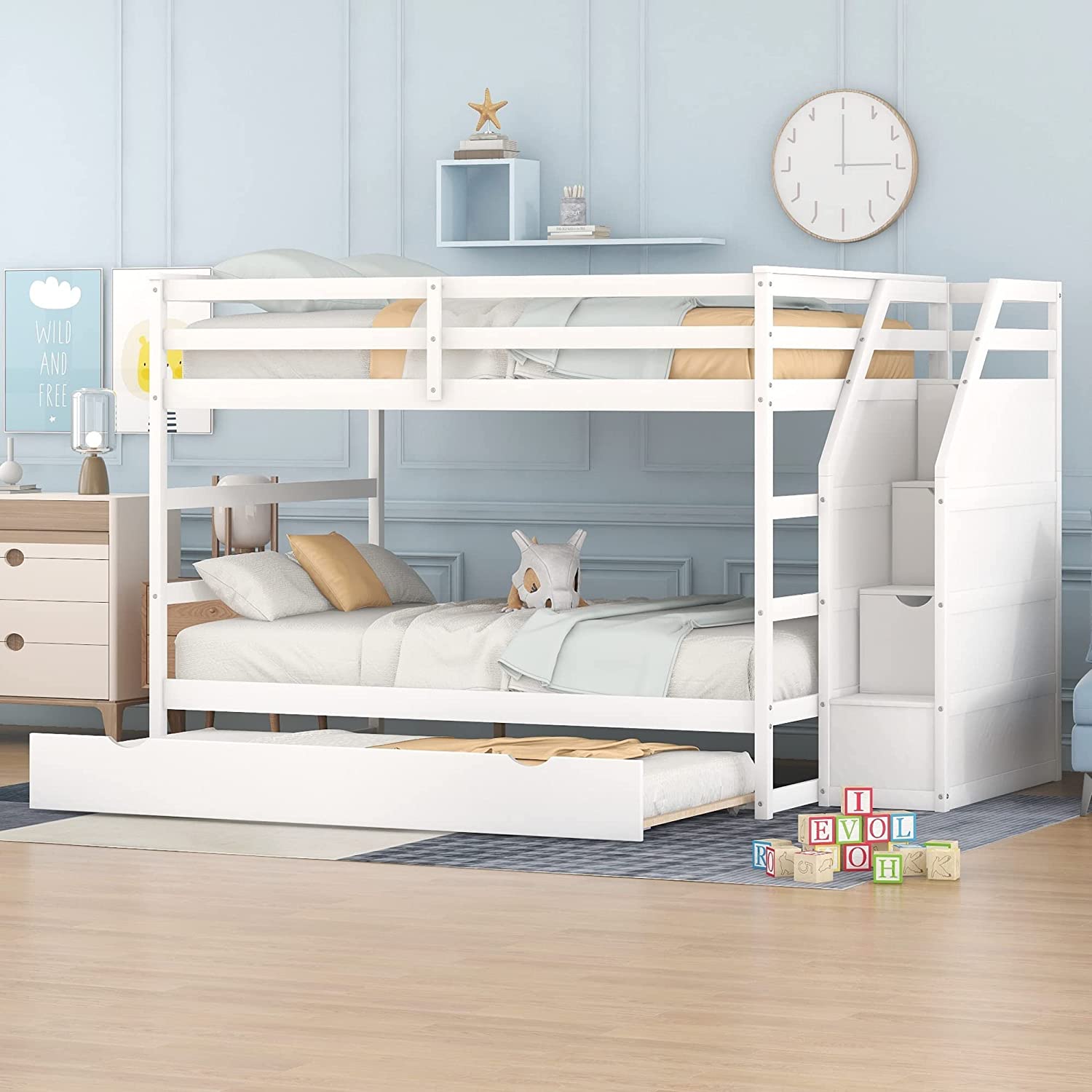Twin Over Full Detachable Bunk Bed with Stair and 2 Drawers Wooden