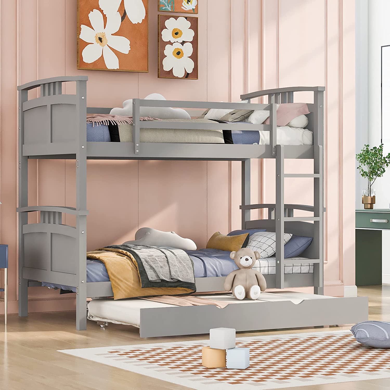 Twin Over Full Detachable Bunk Bed with Stair and 2 Drawers Wooden