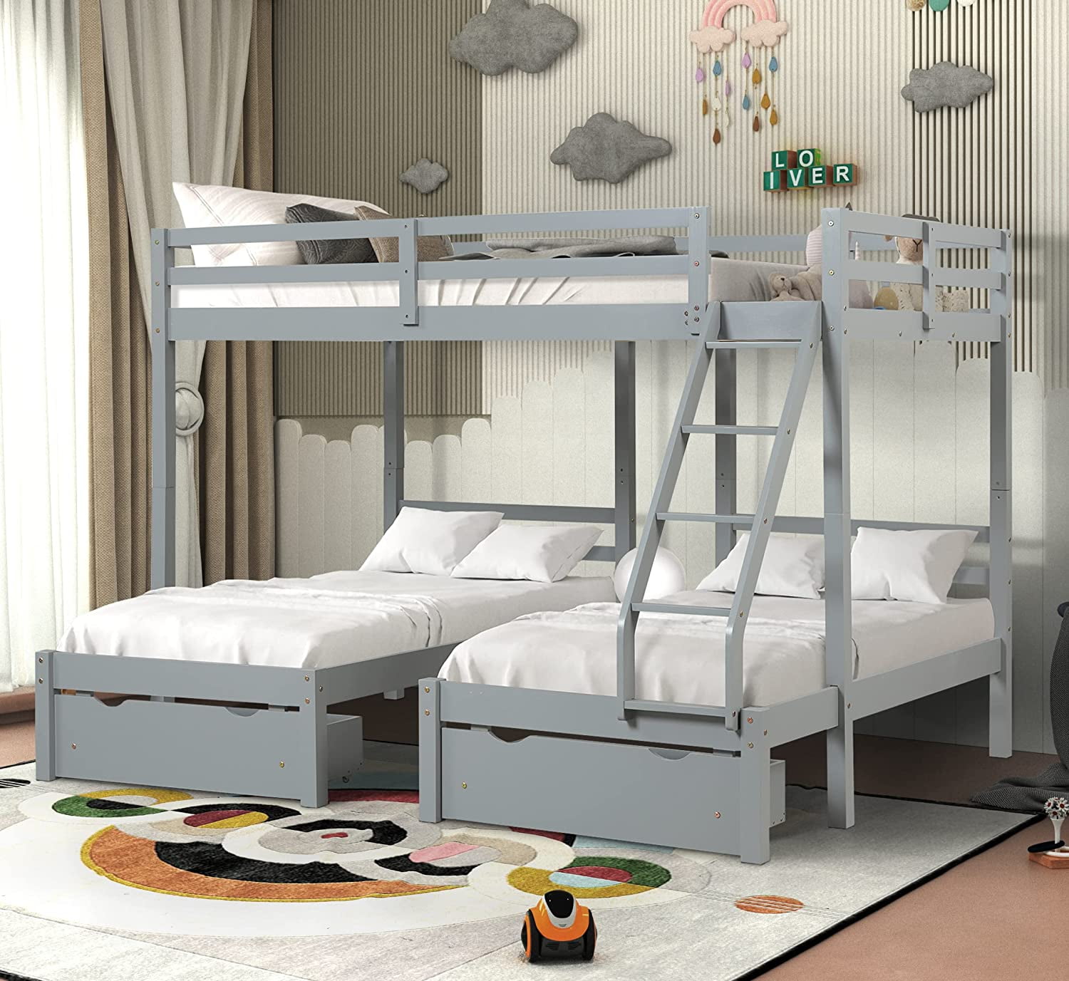 Twin Over Full Detachable Bunk Bed with Stair and 2 Drawers Wooden