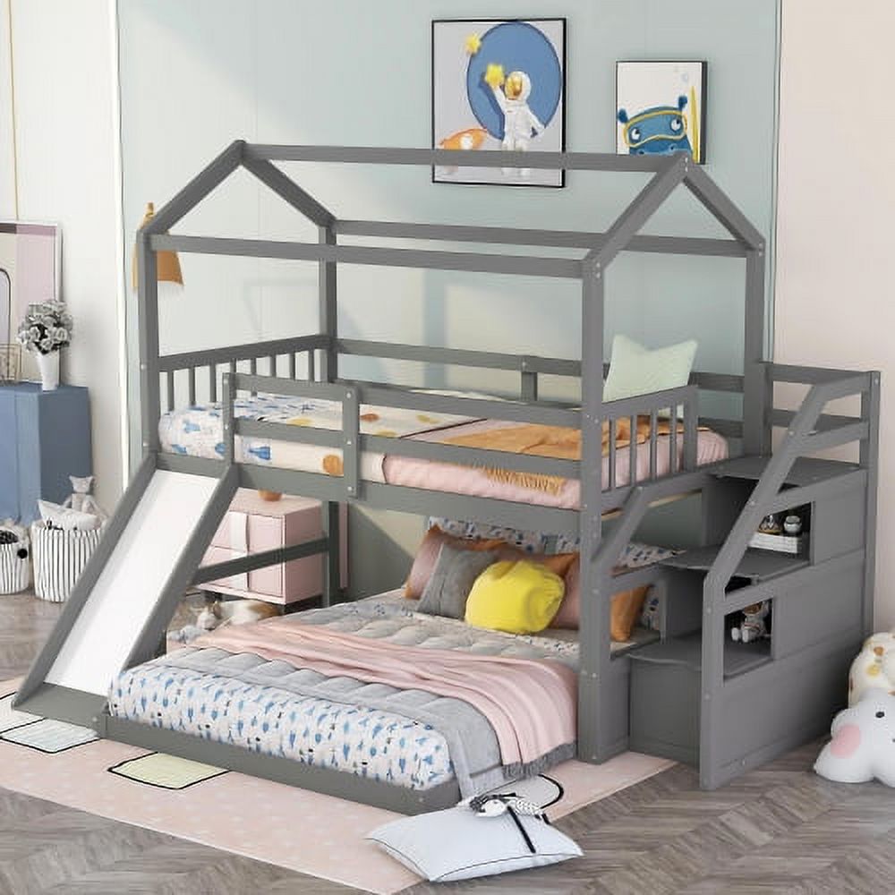 Twin Over Full Floor Bunk Beds with Convertible Slide and Storage ...