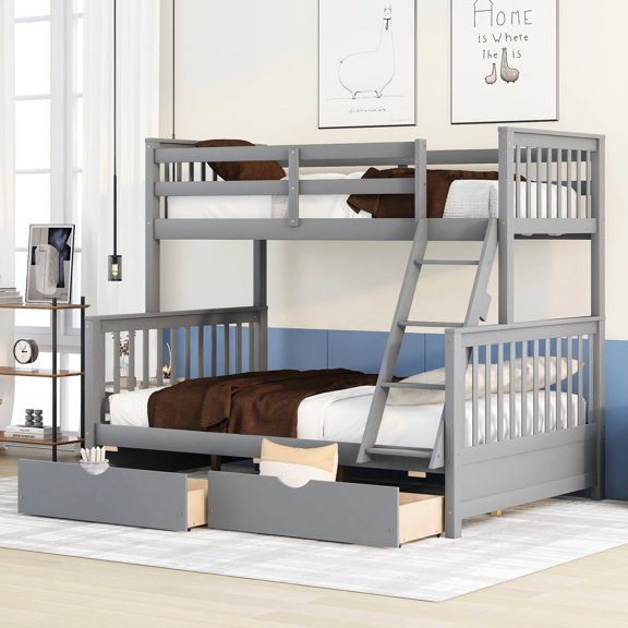 Twin-Over-Full Gray Bunk Bed with Strong Pine Legs - Durable for Family Use