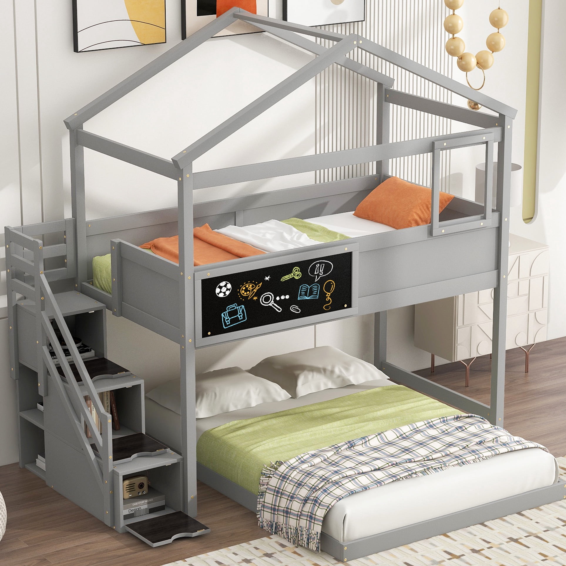 Twin Over Full House Bunk Bed In Gray With Functional Storage And ...