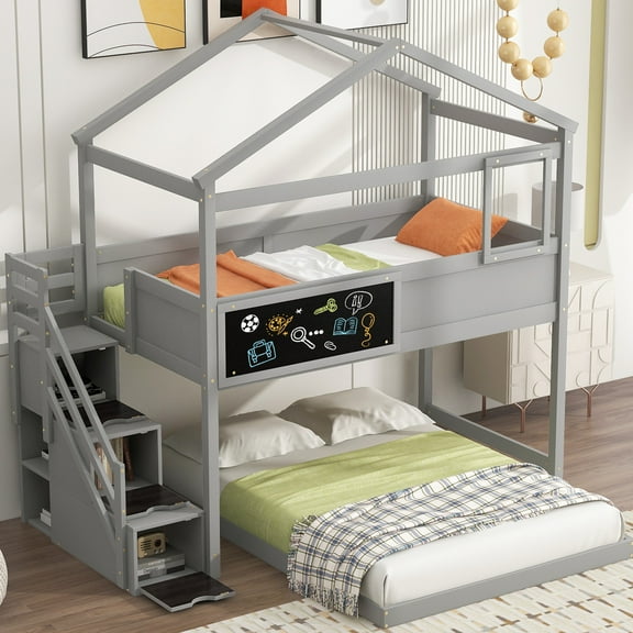 Twin Over Full House Bunk Bed In Gray With Functional Storage And Blackboard Organized Charming