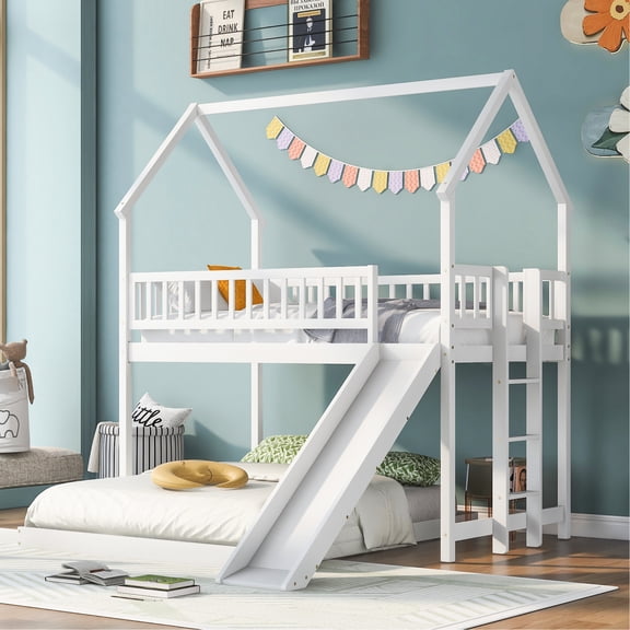 Twin Over Full House Bunk Bed With Slide & , White, Construction, Guardrail White Built-in Slide, And Long-term Build