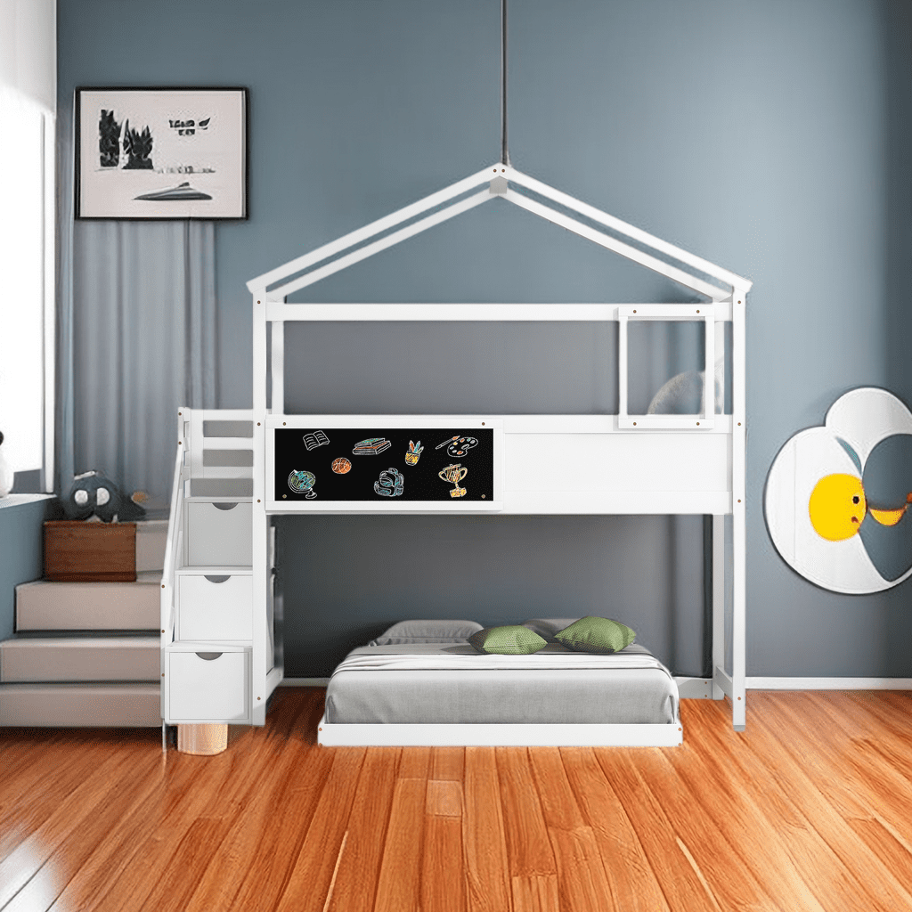 Twin Over Full House Bunk Bed with Storage Staircases and Blackboard ...