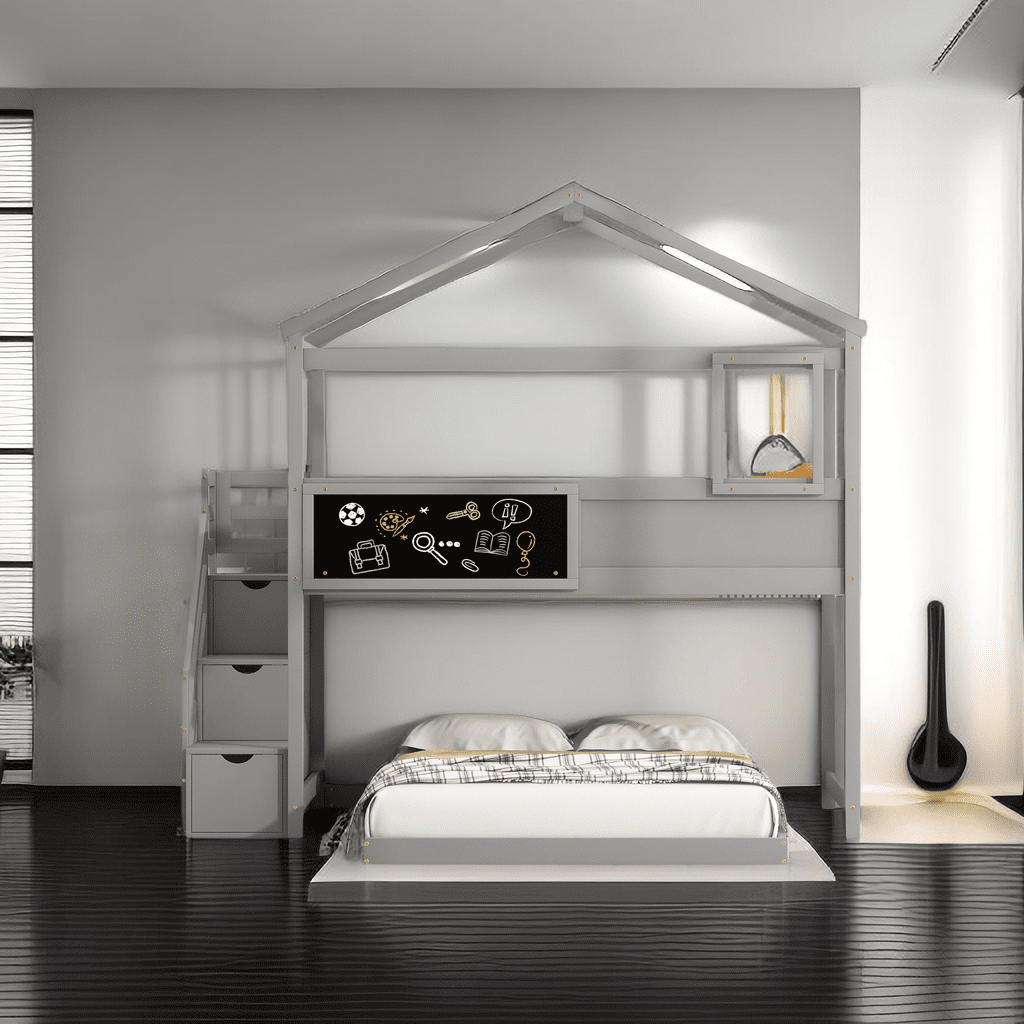 Twin Over Full House Bunk Bed with Storage Staircases and Blackboard ...