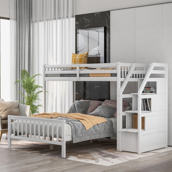 Twin Over Full Loft Bed With Staircase In White - Construction For Years Of Use 3 Grids , Guardrails, Separate Down Bed, Space, No Box Spring Needed