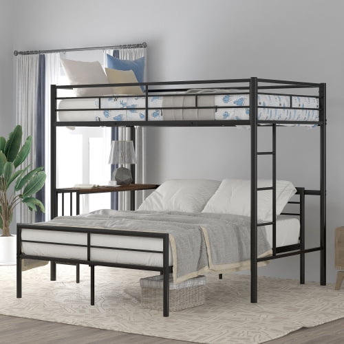 Twin Over Full Metal Bunk Bed with Desk L Shaped Loft Bed with Ladder and Guardrails Metal Bed Frame with Solid Slats Support for Kids Adults No Box