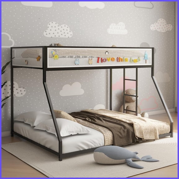 Twin Over Full Metal Bunk Bed Frame - No Box Spring Needed, Low Profile with Stable Ladder, Black & White for Guest Room/Dorm