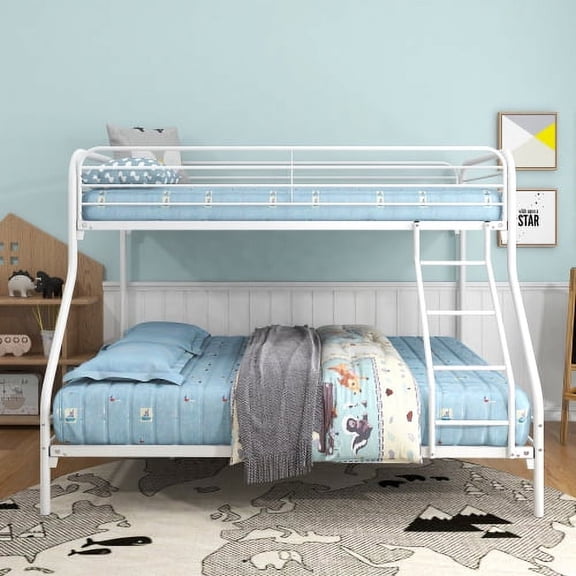 Twin-Over-Full Metal Bunk Bed - Heavy Duty, Easy Assembly, 12.8" Guardrail & Inclined Ladder (White)