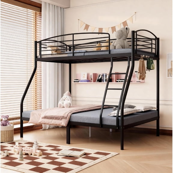 Twin Over Full Metal Bunk Bed, Heavy Duty Metal Bunk Space-Saving Bed with Ladder & Guardrail, Smooth Rounded Edges