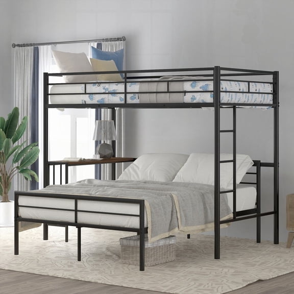 Twin Over Full Metal Bunk Bed with Desk & Ladder - Metallic Black for Bedroom