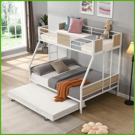 Twin Over Full Metal Bunk Bed with Trundle - 2-Side Ladder, Full-Length Guardrail, No Box Spring Needed, Easy Assemble