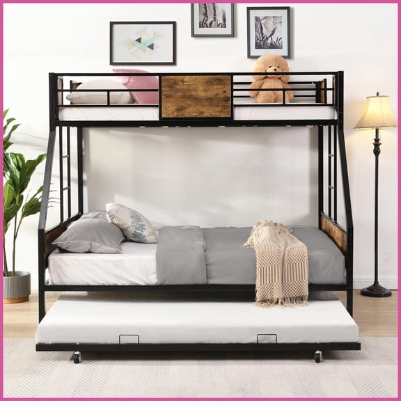 Twin Over Full Metal Bunk Bed with Trundle, 2-Side Ladder & Guardrail, No Box Spring Needed, Easy Assemble, Black & Brown