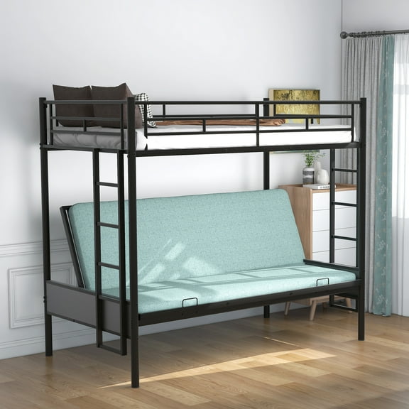 Convertible Twin over Full Metal Bunk Bed Black - Multi-Function Space Saver for Bedroom, Guest Room, Sleepovers. Integrated Ladder & Guardrails. 78" L x 41.4" W x 72" H.