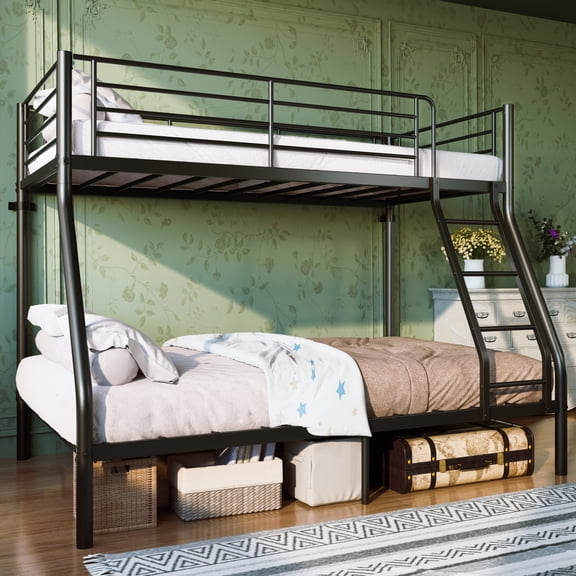 Twin Over Full Metal Bunk Guardrails Ladder No Box Spring Space Saving, Black