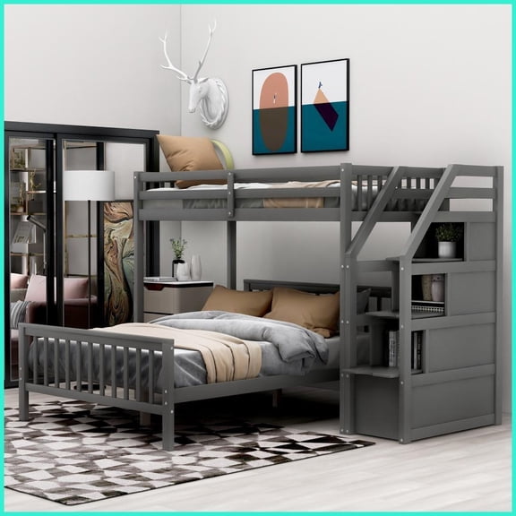 Twin Over Full Pine Wood & MDF Loft Bed with Staircase Storage - No Box Spring Needed Gray