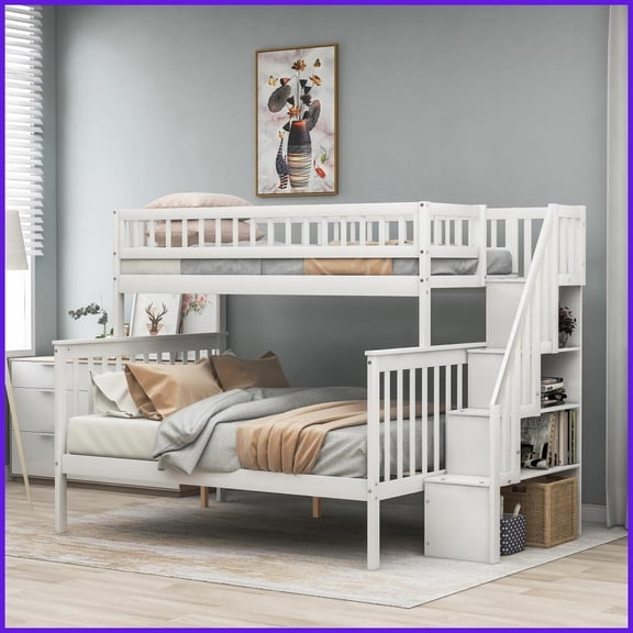 Twin Over Full Pine Wood MDF Stairway Bunk Bed with Storage White for Shared Rooms