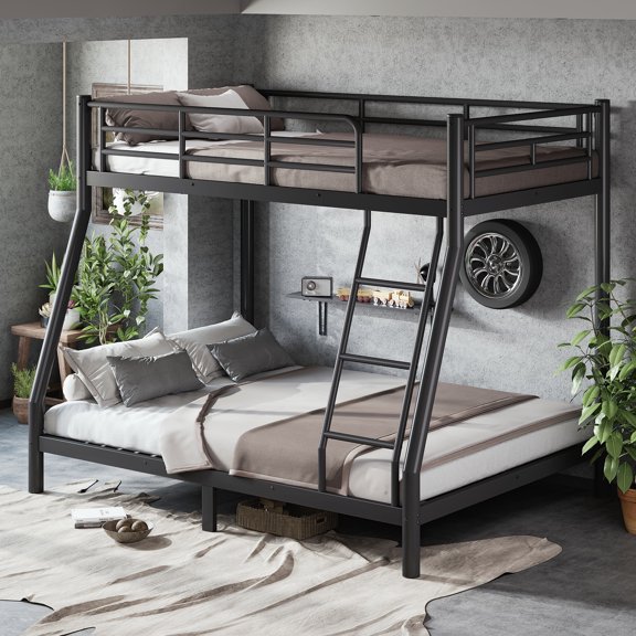 Twin Over Full Round Tube Metal Bunk Bed, Space-Saving, Noise-Reduced, No Box Spring Needed, Black