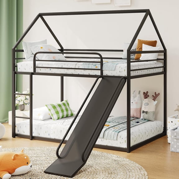 Twin Over Twin Bunk Bed, Montessori Floor Bunk Bed Frame with Convertible Slide, Heavy Duty Metal Low Bed with House Shape and Roof, Black