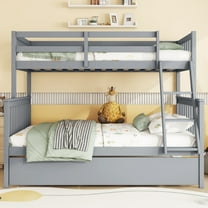 Twin Over Full Rubber Wood Bunk Bed with Trundle, Convertible Ladder and Guardrail, Detachable, Convertible Bed, with Twin Size Trundle ,Grey