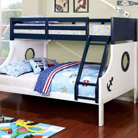 Twin Over Full Size Wooden Bunk Bed with Attached Ladder, Blue and White
