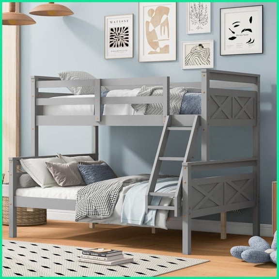 Twin Over Full Solid Pine & MDF Bunk Bed with Safety Guardrails - No Box Spring Needed, Gray, Ideal for Bedroom