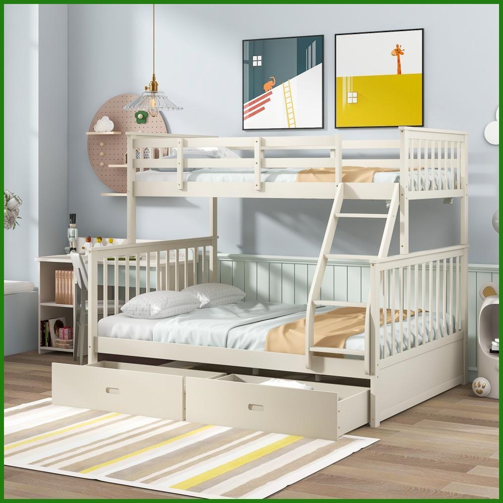 Twin Over Full Solid Pine Wood Bunk Bed with Storage Drawers – Cream ...