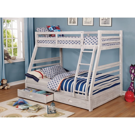 Twin Over Full Transitional Bunk Bed With Two Large Drawers Attached Ladder Wire-Brushed White
