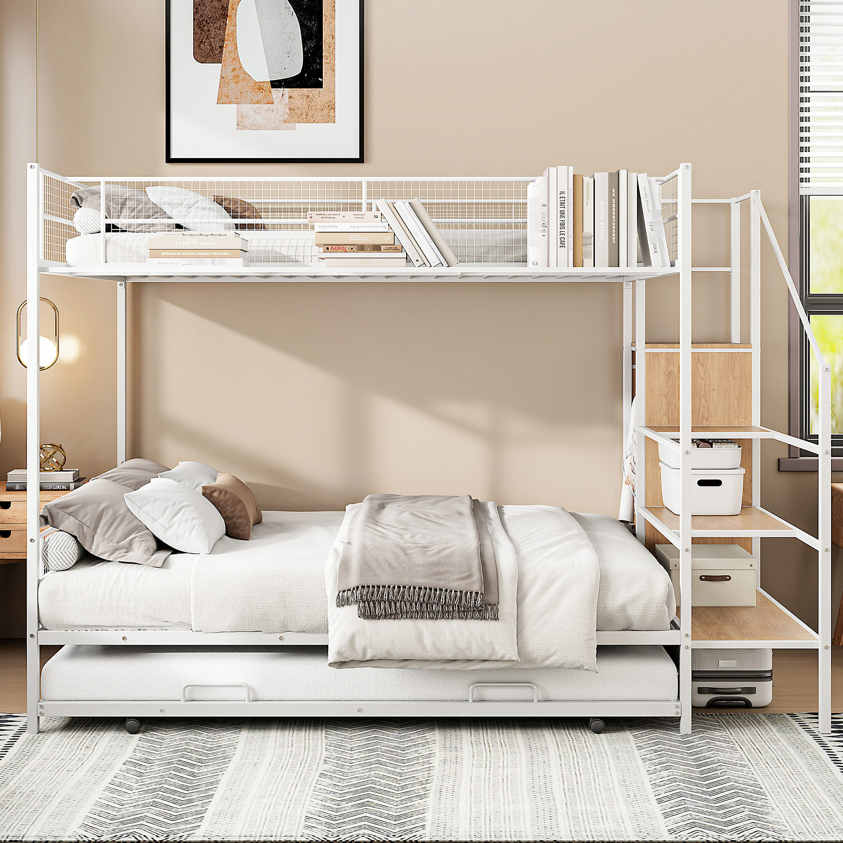 Twin Over Full White Bunk Bed, Metal Frame | Practical Ladder Storage