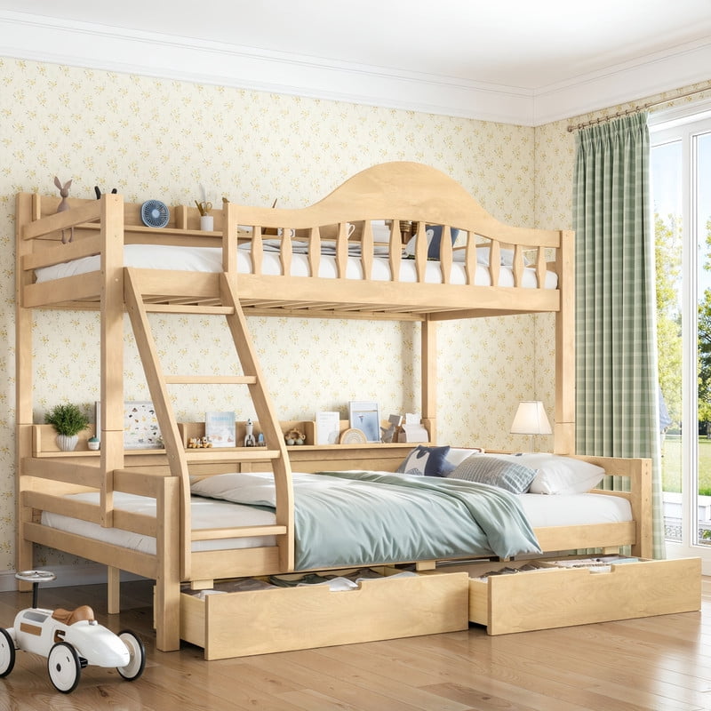 Twin-Over-Full Wood Bunk Bed with Curved Guardrail & Ladder, Chic Kids Storage Bed Frame with Drawers & Bedside Shelves