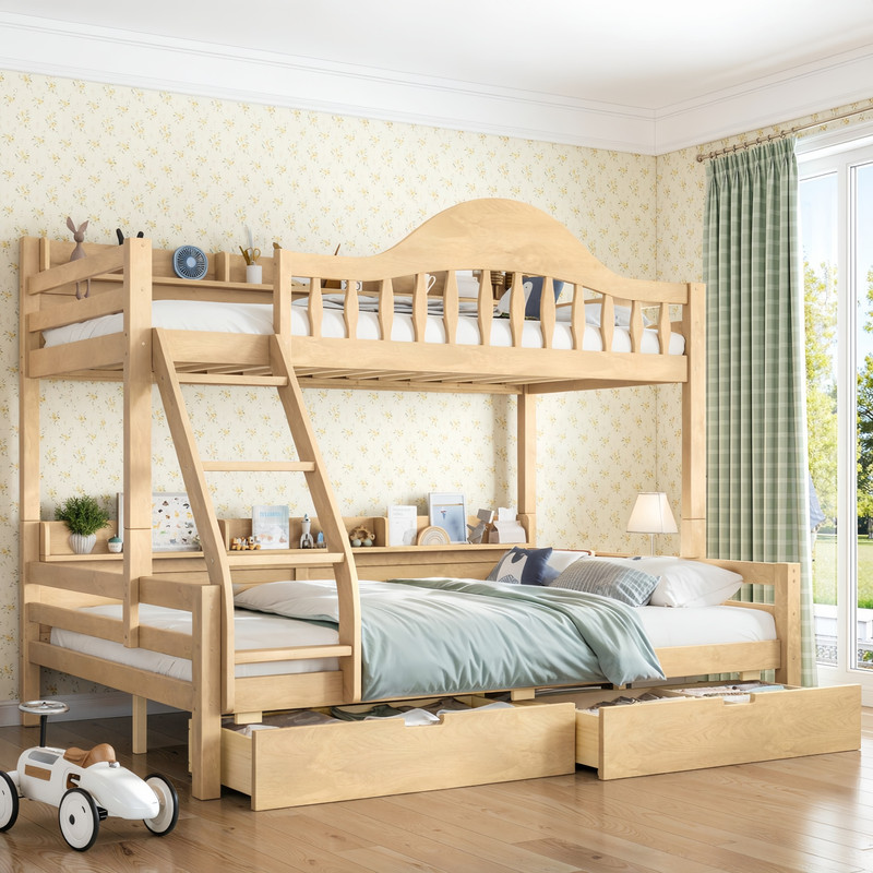 Twin Over Full Wood Bunk Bed With Curved Guardrail Ladder Chic Kids Storage Bed Frame With Drawers Bedside Shelves: Should You Buy It?