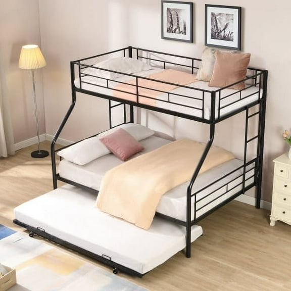 Twin Over Full with Trundle Metal Bunk Bed, Solid and Stable No Box Spring Needed, Easy Assemble (Black)