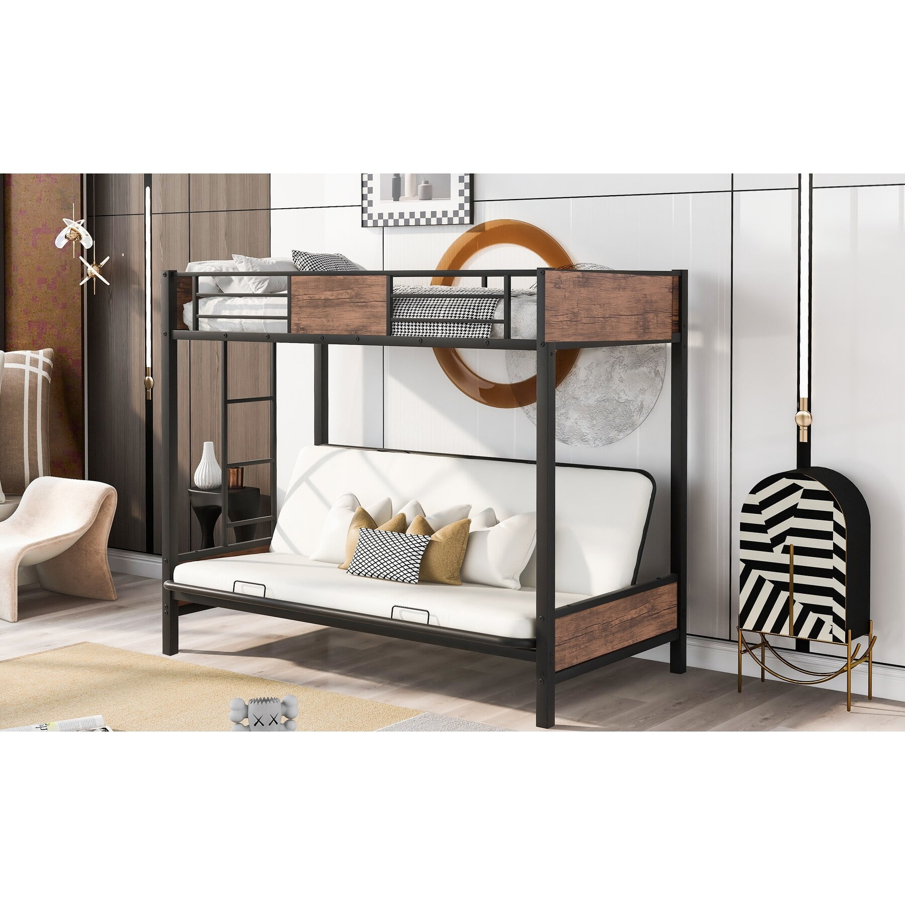 TwinOverFuton Bunk Bed, Metal Futon Bunk Bed Frame with Guardrails